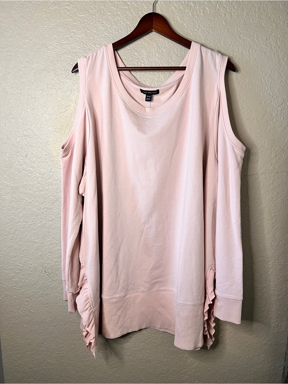 Lane Bryant 26/28 Pink Cold-Shoulder Ruffle-Side Sweater Top Feminine Coquette